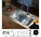 Kraus Stainless Steel 32 inch Undermount 70/30 Double Bowl Kitchen Sink and Chrome Kitchen Faucet with Soap Dispenser KHU123-32-KPF1621-KSD30CH