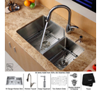 Kraus Stainless Steel 32 inch Undermount 70/30 Double Bowl Kitchen Sink with Kitchen Faucet and Soap Dispenser KHU123-32-KPF2120-KSD20