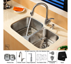 Kraus Stainless Steel 32 inch Undermount 16 gauge 60/40 Double Bowl Kitchen Sink with Kitchen Faucet and Soap Dispenser KBU24-KPF2120-SD20