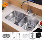 Kraus Stainless Steel 32 inch Undermount 16 Gauge 50/50 Double Bowl Kitchen Sink and Chrome Kitchen Faucet with Soap Dispenser KBU22-KPF1622-KSD30CH