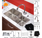 Kraus 32 inch Undermount Double Bowl Stainless Steel Kitchen Sink with Chrome Kitchen Faucet and Soap Dispenser KHU123-32-KPF2230-KSD30