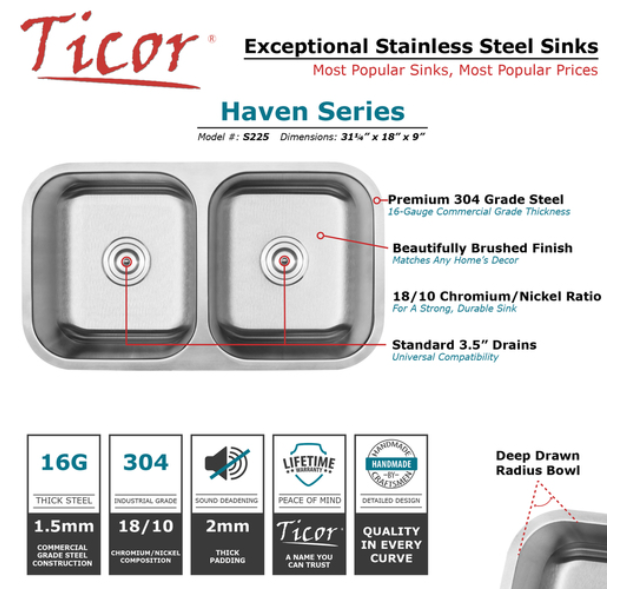 31.25" TICOR S225 HAVEN SERIES 16-GAUGE STAINLESS STEEL UNDERMOUNT DOUBLE BASIN KITCHEN SINK