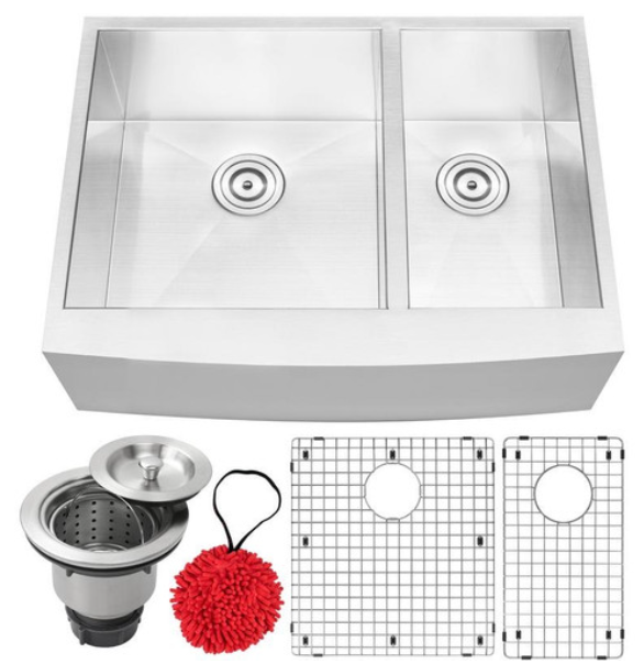 30" TICOR S4409 BRYCE SERIES CURVED APRON FRONT 16-GAUGE STAINLESS STEEL DOUBLE BASIN ZERO RADIUS KITCHEN SINK